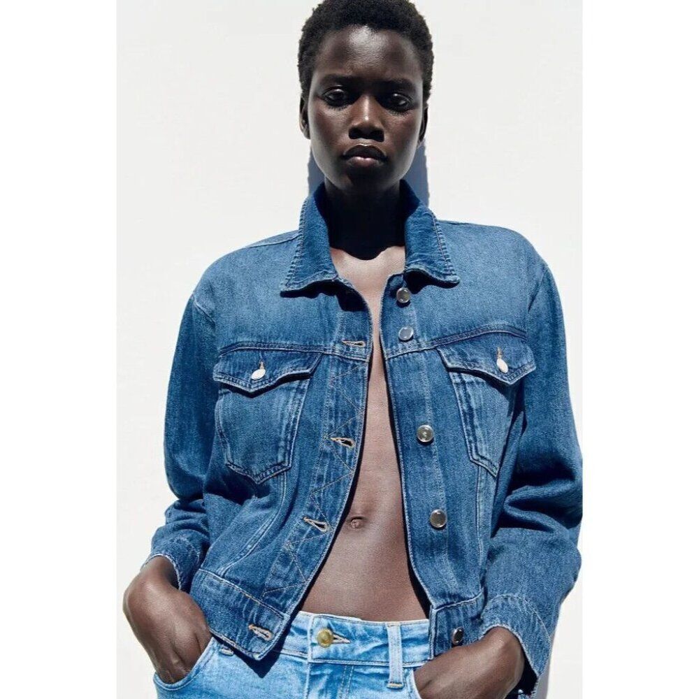 Zara Womens Cropped Denim Jean Jacket Xs Blue Button Front 1889/054 Nwot